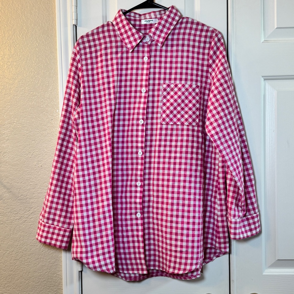 ZEAGOO‎ Cotton Women’s Button Up Long Sleeve Pink & White Checks/Gingham- Sz L